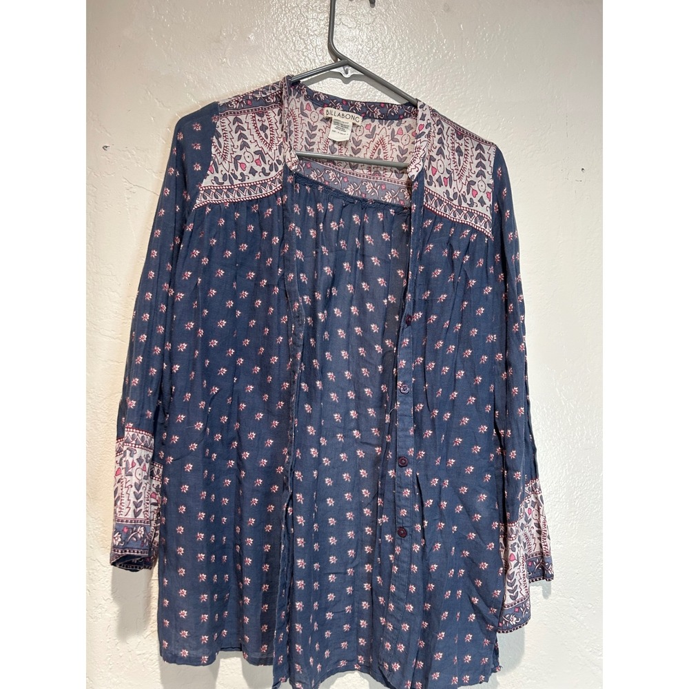 Billabong Womens Blue‎ Floral Boho Button Down Long Sleeve Cotton Shirt Size S